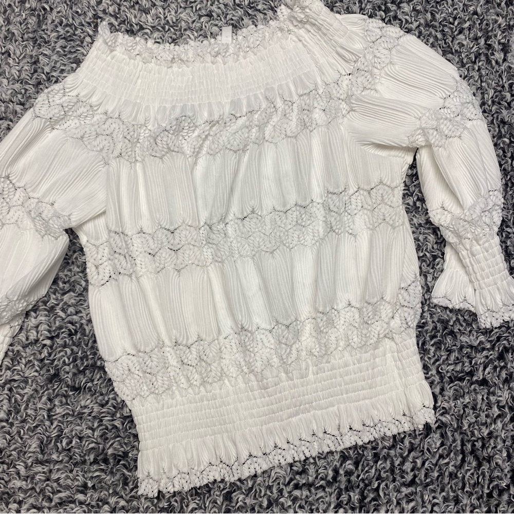 Lapis White Crochet Smocked Off-Shoulder Top Blouse Sz Small 3/4 Sleeve Lace